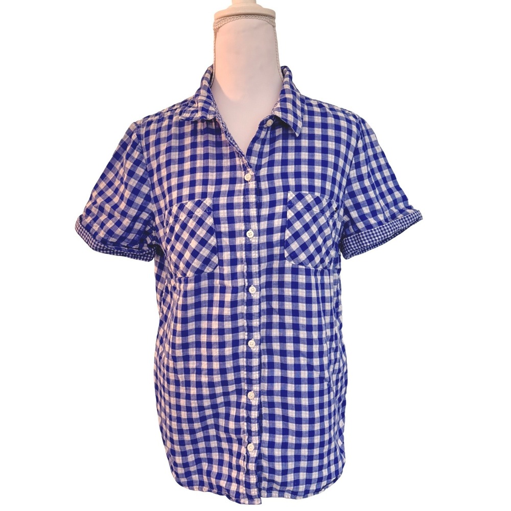 Tommy Hilfiger Button Down Shirt Womens Medium Blue Gingham Short Sleeve Cuffed